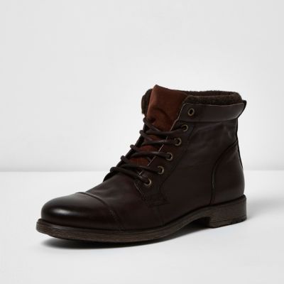 Dark brown leather work boots